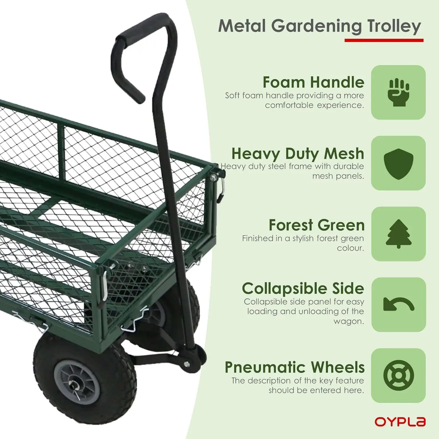 Heavy Duty Metal Gardening Trolley - Green Trailer Cart