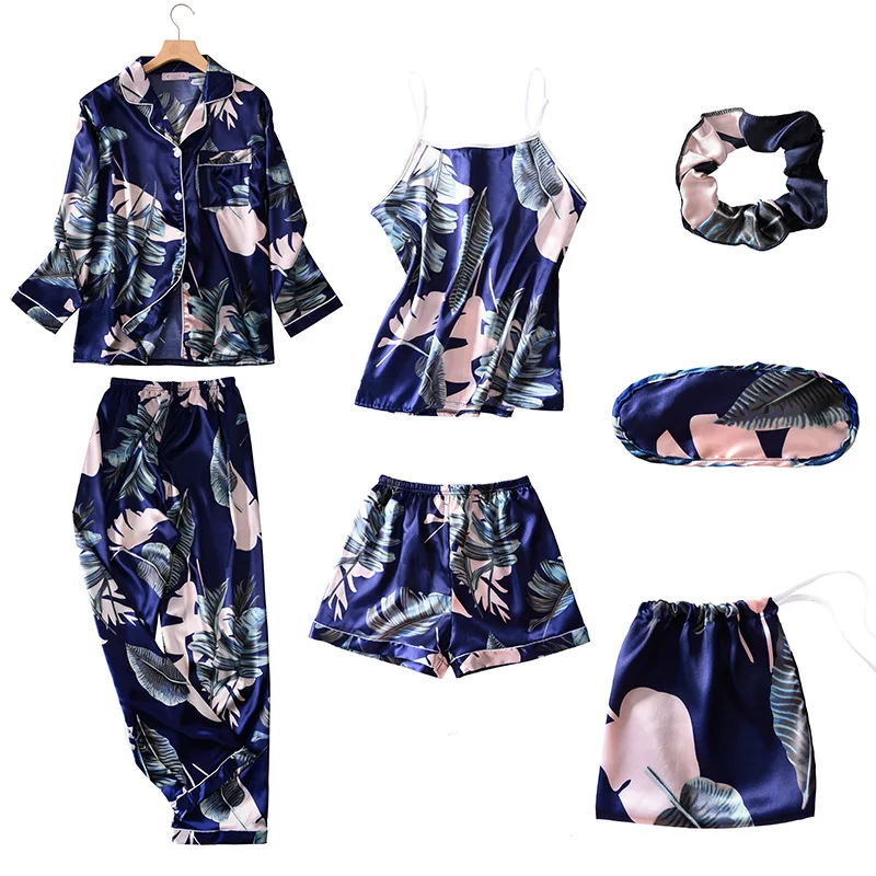 Foreign Four Seasons Korean Version Simulation Silk Pajamas Women's Spring Autumn Long-sleeved Cardigan Seven-piece Loungewear