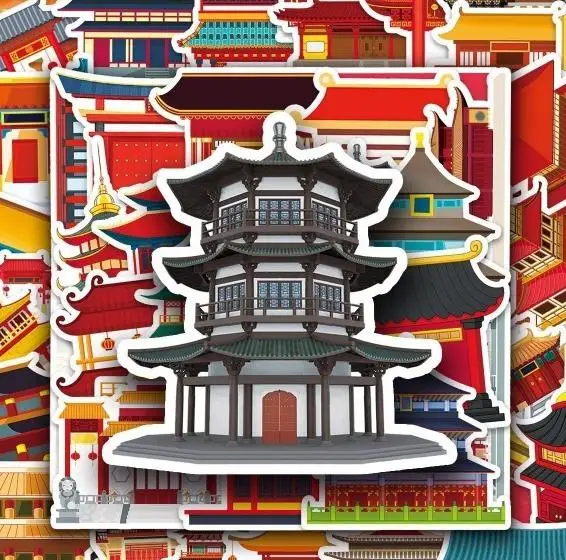 10/30/50pcs Chinese Ancient Architecture Scenery Chinese Style Graffiti Sticker Laptop Phone Diy Bicycle Car Decoration Sticker