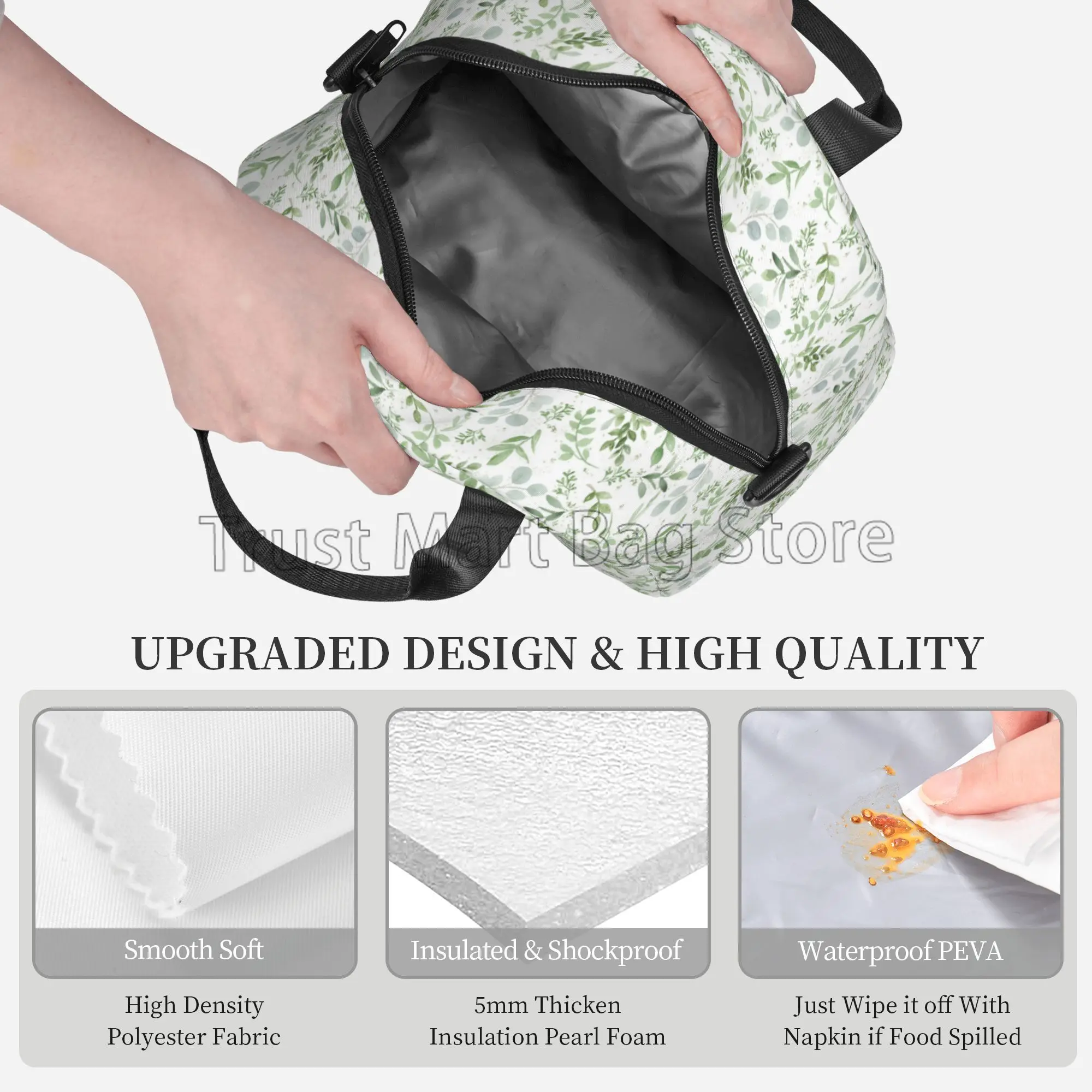 Sage Insulated Lunch Bag for Women Green Leaf Reusable Waterproof Lunch Box Cooler Thermal Tote with Adjustable Shoulder Strap