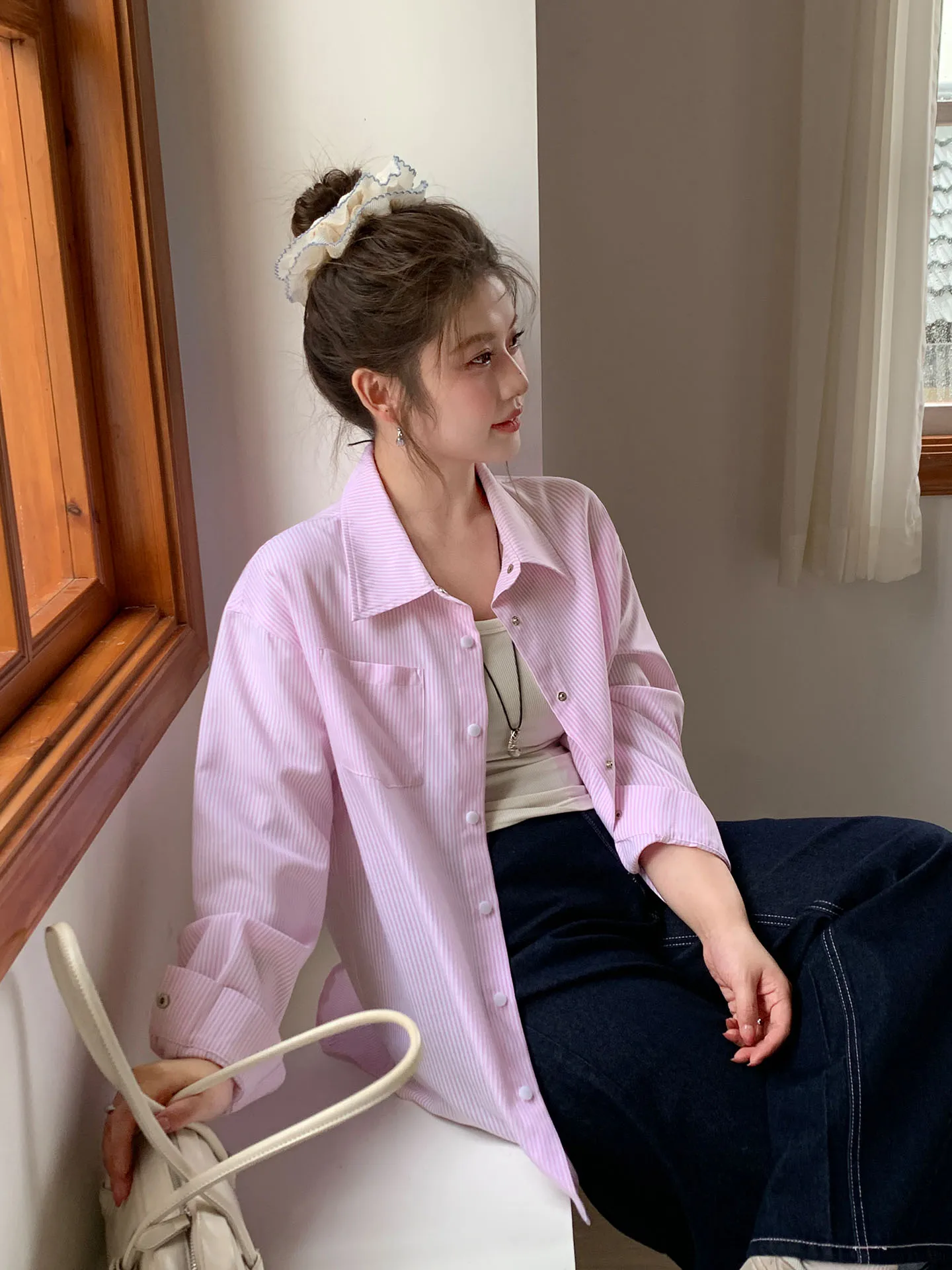 YUZI Fi Roe Poer Striped irt Jaet Cardigan ouvert ample amincissant pour femme, grande taille, style universitaire, Automne Hiver