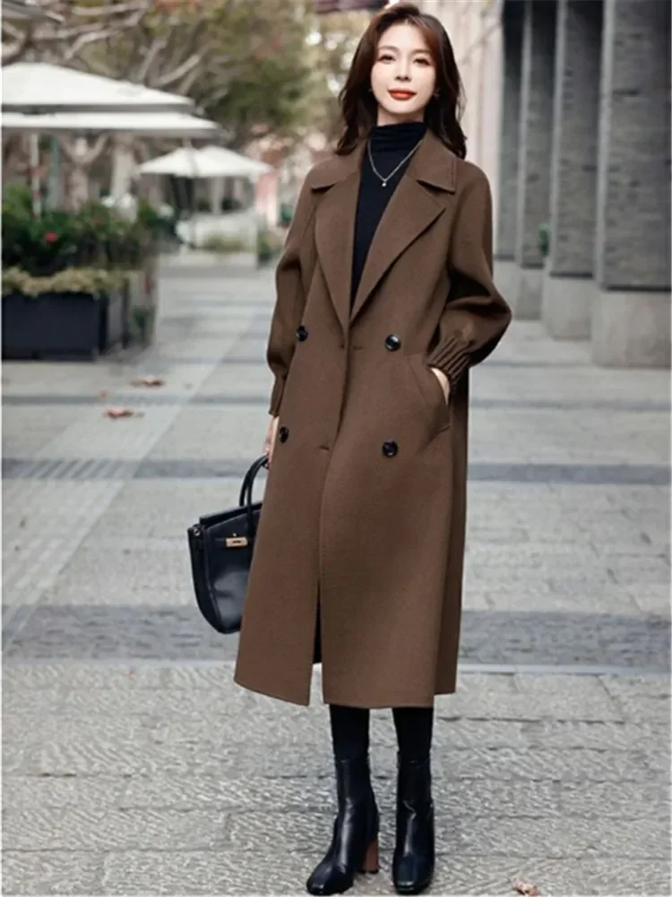 

Brown Autumn and Winter Long Woolen Coat Solid Color Lapel Double Breasted Pocket Fashion Top ZM678