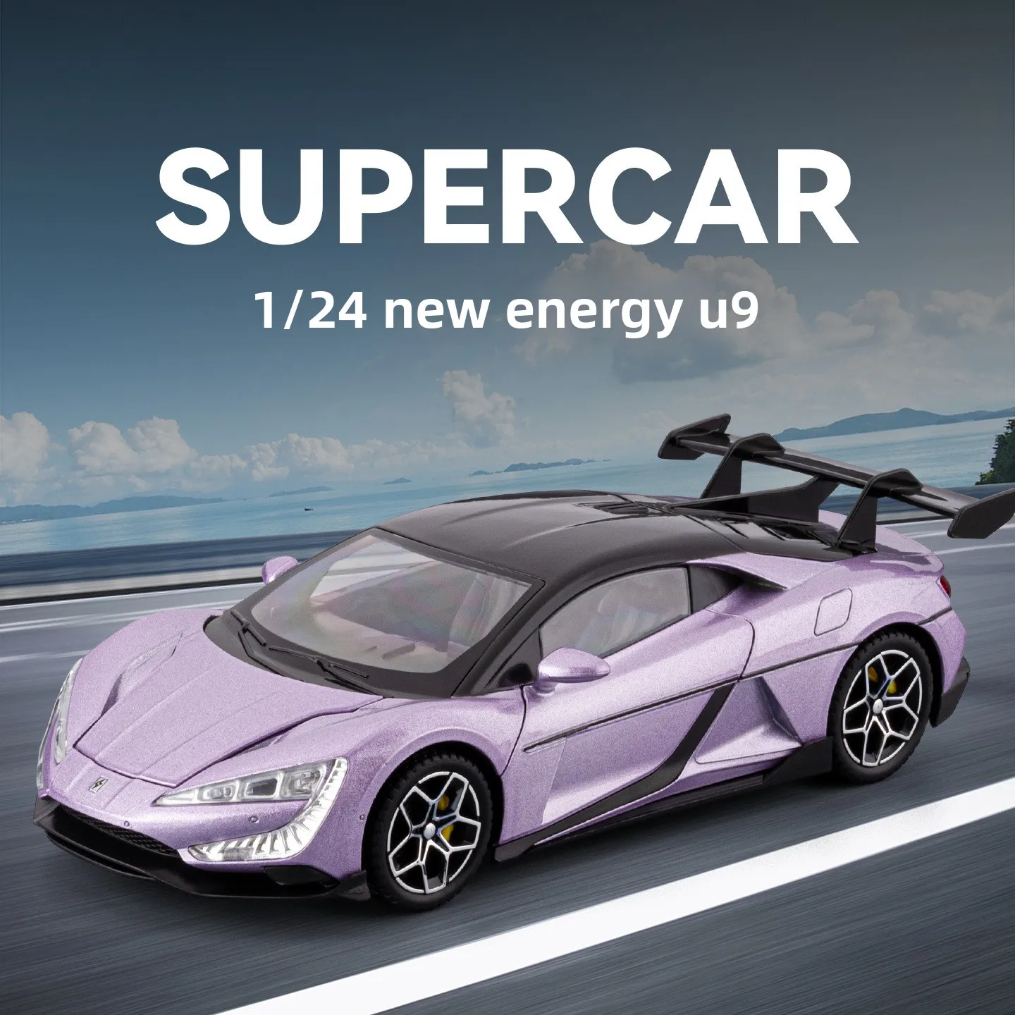 CHEZHI 1:24 New Energy U9 Sports Car Model Simulation Alloy Car Model Acoustic and Optical Pull Back Multi-door Toy Car