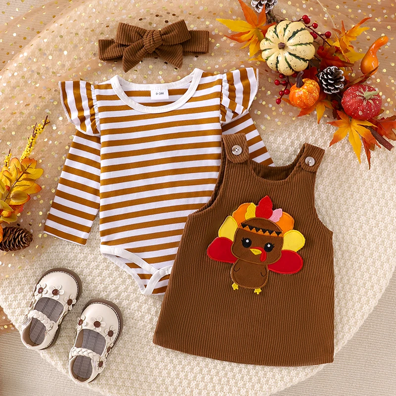 2024-05-18 Lioraitiin Baby Girl Thanksgiving Outfits Stripe Long Sleeve Romper Turkey Embroidery Overalls Dress Headband Set