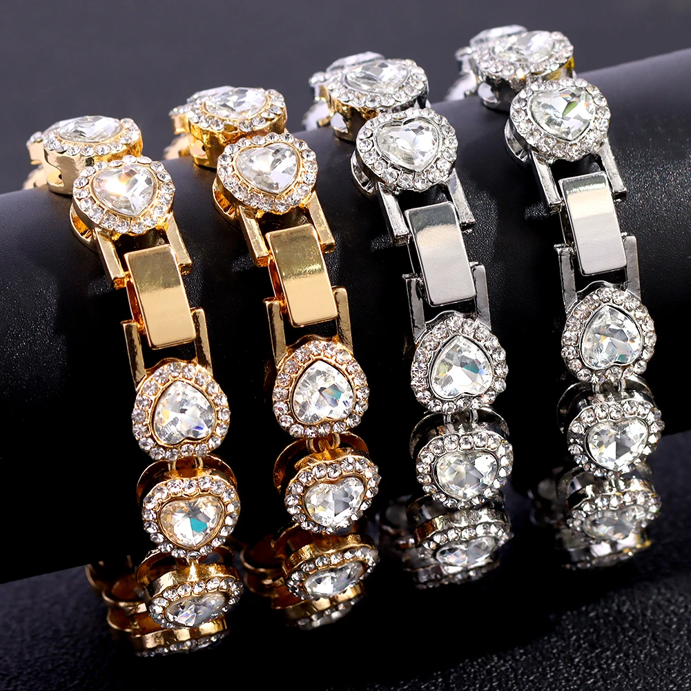 New Trendy Iced Out Full Rhinestones Heart Bracelet For Women Bling Love Heart Hand Link Tennis Chain Bracelets Hip Hop Jewelry