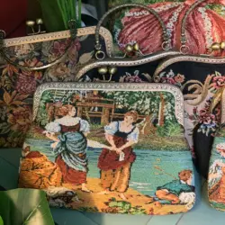 Lost in Vintage French Tapestry Figural Purse Metal Frame Aubusson Clutch Figural Bag Vibrant Scenic and Romantic Figures Lamb