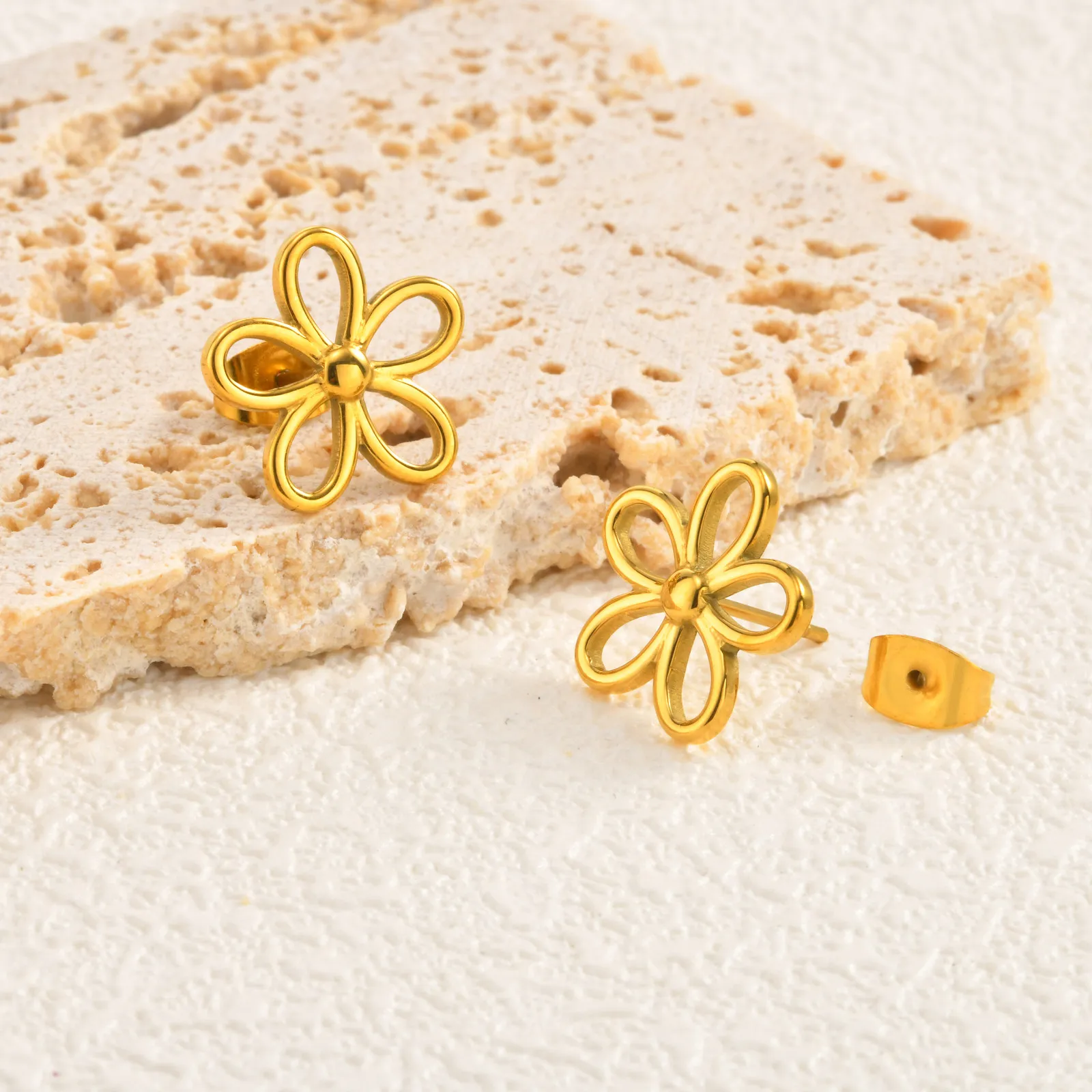 Flower Stud Earrings Stainless Steel Waterproof Hollow Five Petal Gold Color Clean Girl Aesthetic Women