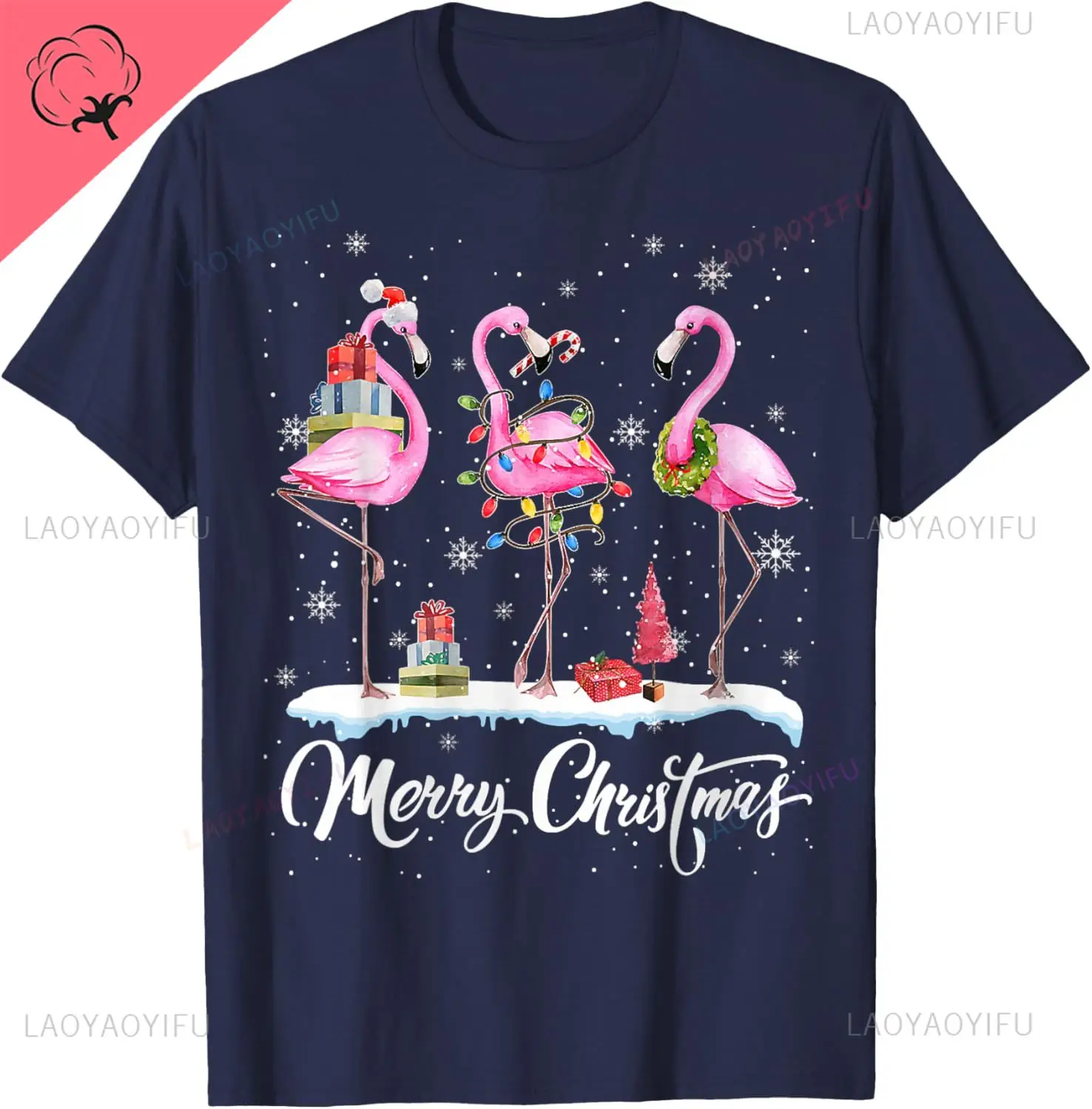 Merry Christmas Hat Santa Flamingo Light Christmas Snow Xmas T-Shirt Streetwear Clothing Couple Y2k Cotton Printed T-shirt