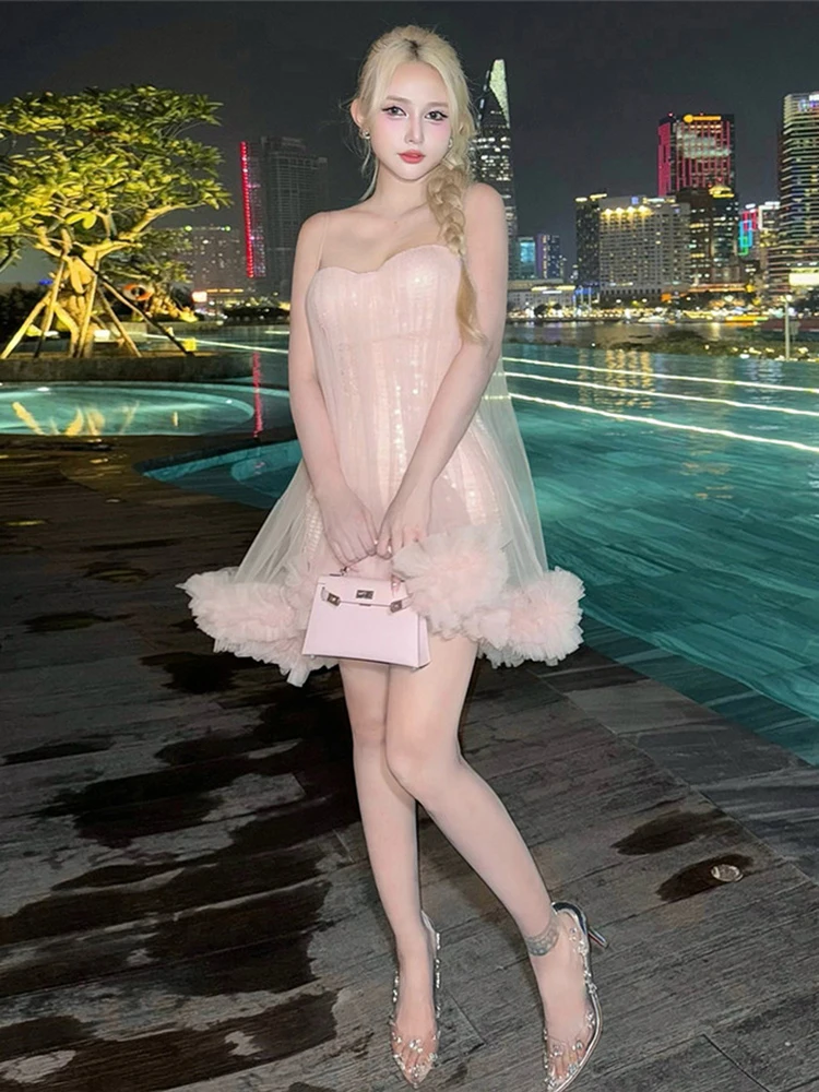 Cutenew sexy malha lantejoulas retalhos vestido feminino doce em camadas sem mangas baixo pescoço meia-noite festa clubwear hottie chique bodycon