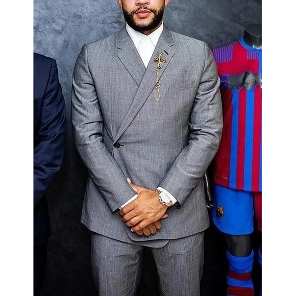 Chic Gray Men 2 Piece Suit Front Flat Incline Single Button Peak Lapel Slim Man Set Banquet Formal Party Prom Business Outfit