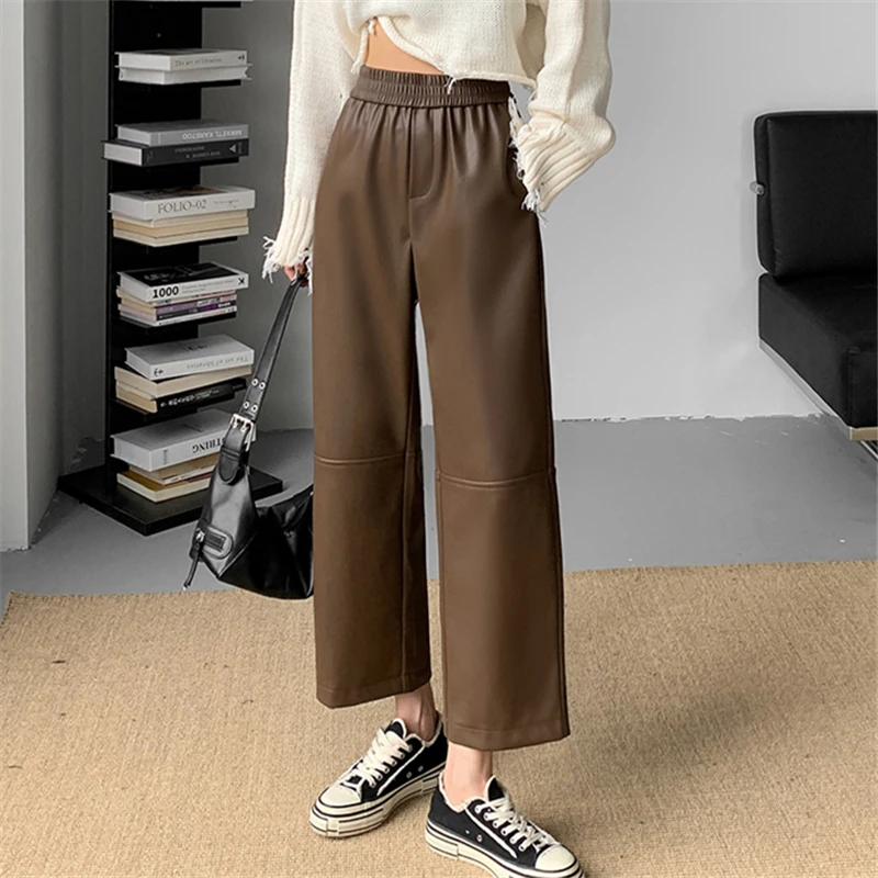 

Autumn Winter Black Women's PU Leather Pants 2023 New High Waist Wide Leg Ankle Length Loose Pants Female Classic Trousers