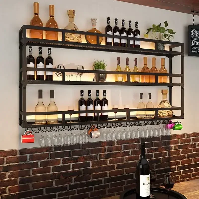 

Industrial Wall-Mounted Bar Rack Integrated Shelf Iron Art Wall Storage Shelf Wall Hanging Light Bar Wine Glass Holder Shelf