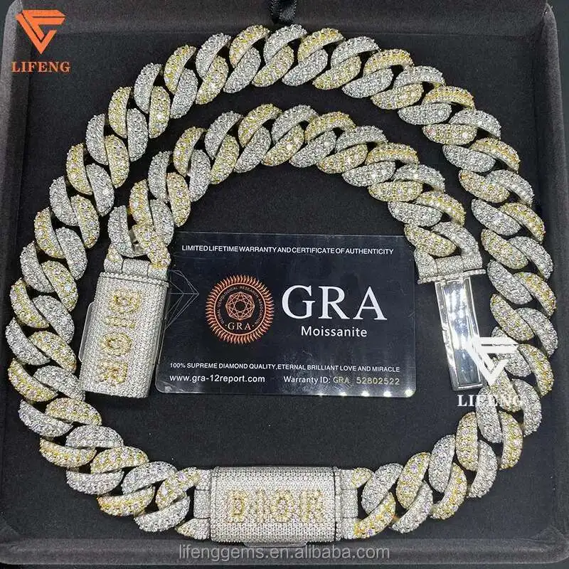 

Fashion Jewelry Body S925 20MM Iced Out VVS Moissanite Two Tone Plated Hiphop Cuban Chain Custom Clasp With Letter Name Necklace