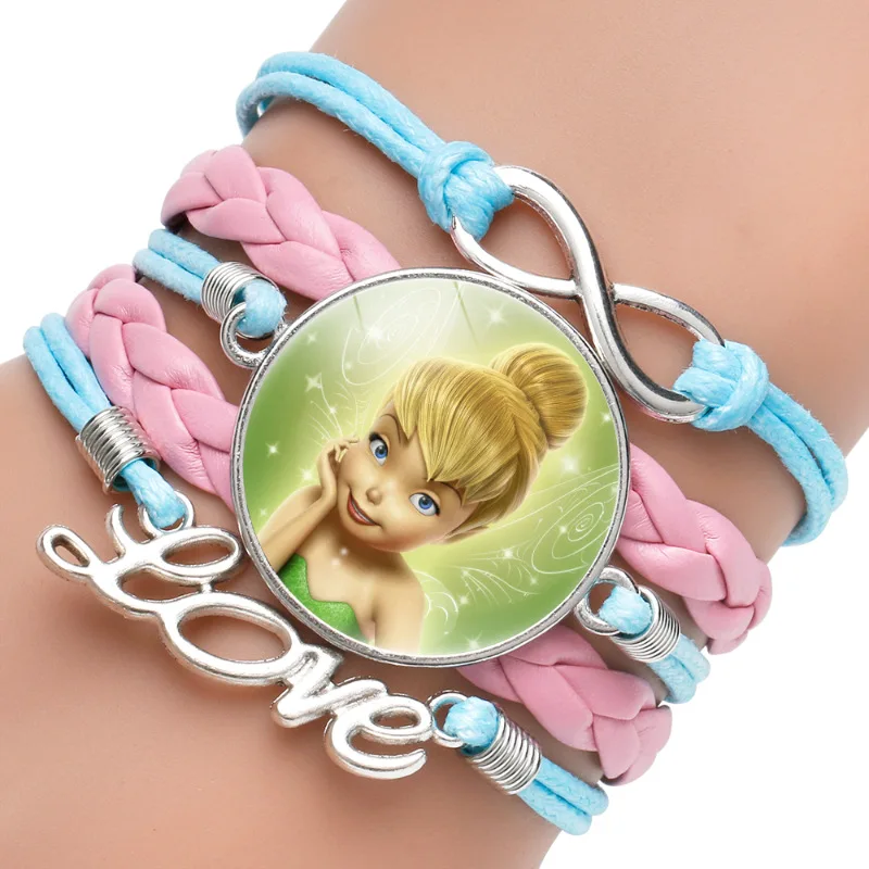 Disney Princess Pink Multi-layer Leather Bracelet Anime Figures Snow White Ariel Anna Elsa Princess Girls Fashion Bracelets