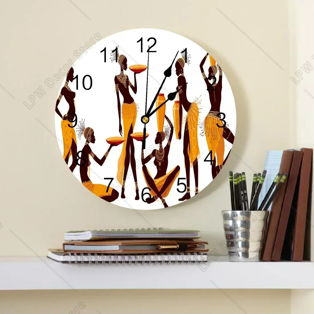 African Woman Yoga Vase Silhouette White Round Wall Clock Hanging Silent Clock Home Interior Bedroom Living Room Office Decor
