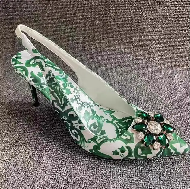 Green blue and white Porcelain Printing Crystal flower Pumps Slip On Slingbacks Pointed Toe Woman Banquet Shoes