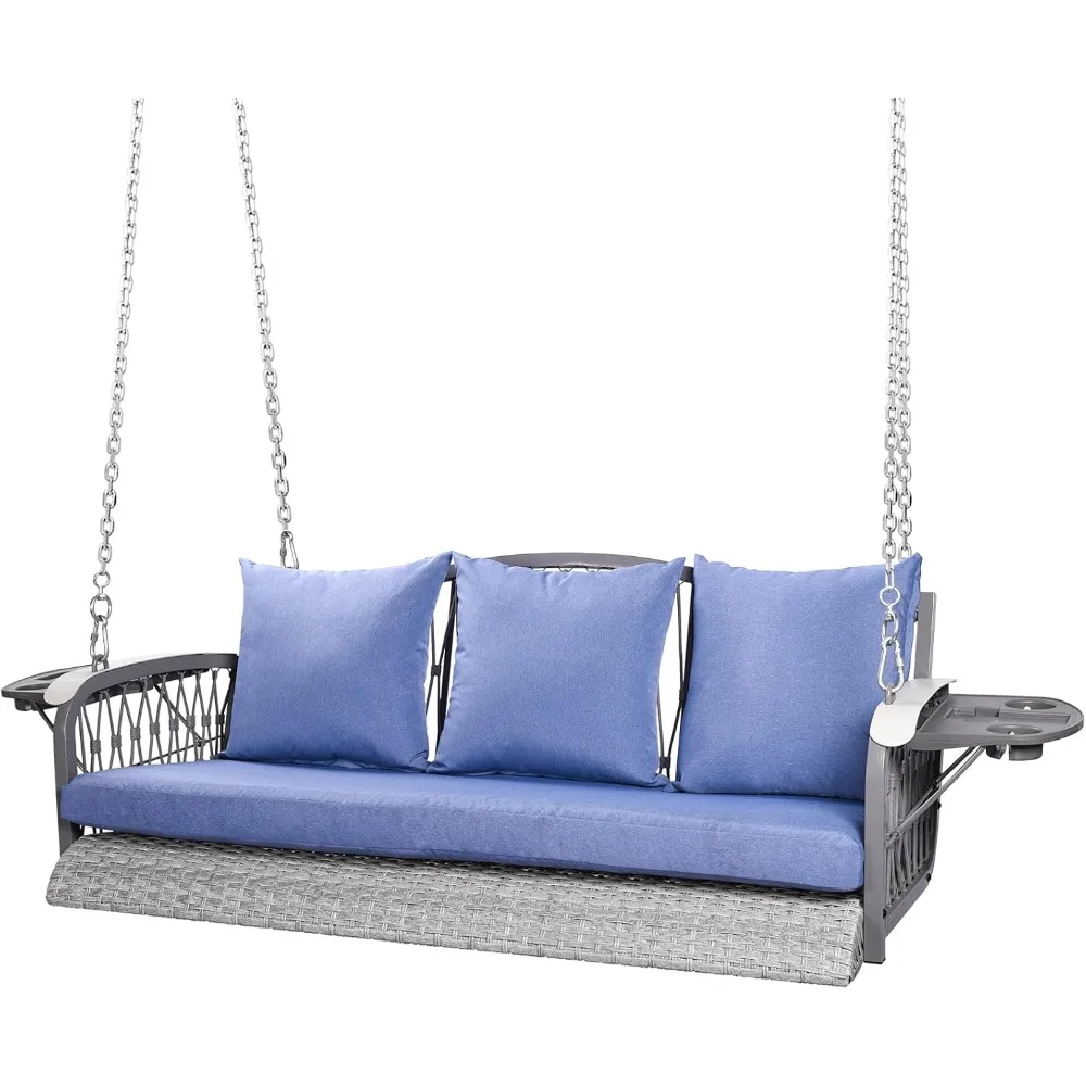 

Wicker Porch Swing Heavy Duty 900 LBS 3-Seat Outdoor Patio Swing Chair with Cushions & 8.9ft Chains Outdoor Hanging Bench