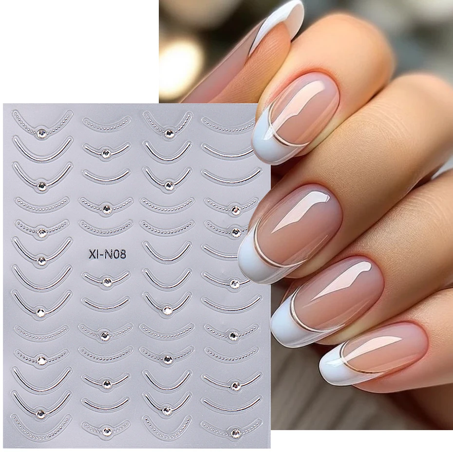 3D Rhinestones Gold Silver French Nail Art Stickers Retro Wave Simple Line Design Adhesive Slider Decals DIY Manicure Decoration