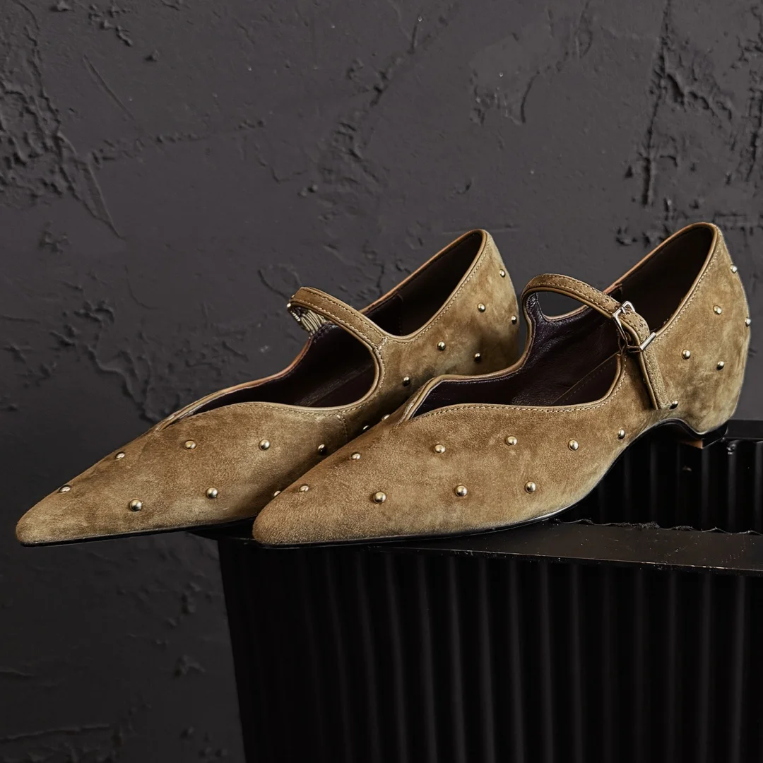 

danxuefei women's natural suede leather pointed toe metal buckle river Mary Jane pumps 4.5cm wedge med heel daily heels shoes 40