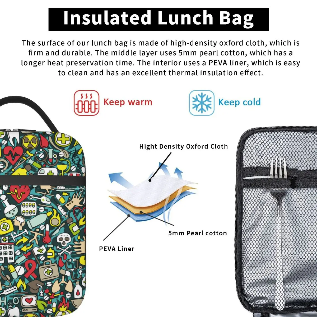 Medicijnpatroon Doodle Tekeningen Geïsoleerde Lunchtas Koeltas Maaltijdcontainer Draagtas Lunchbox Voor Mannen Vrouwen School Reizen