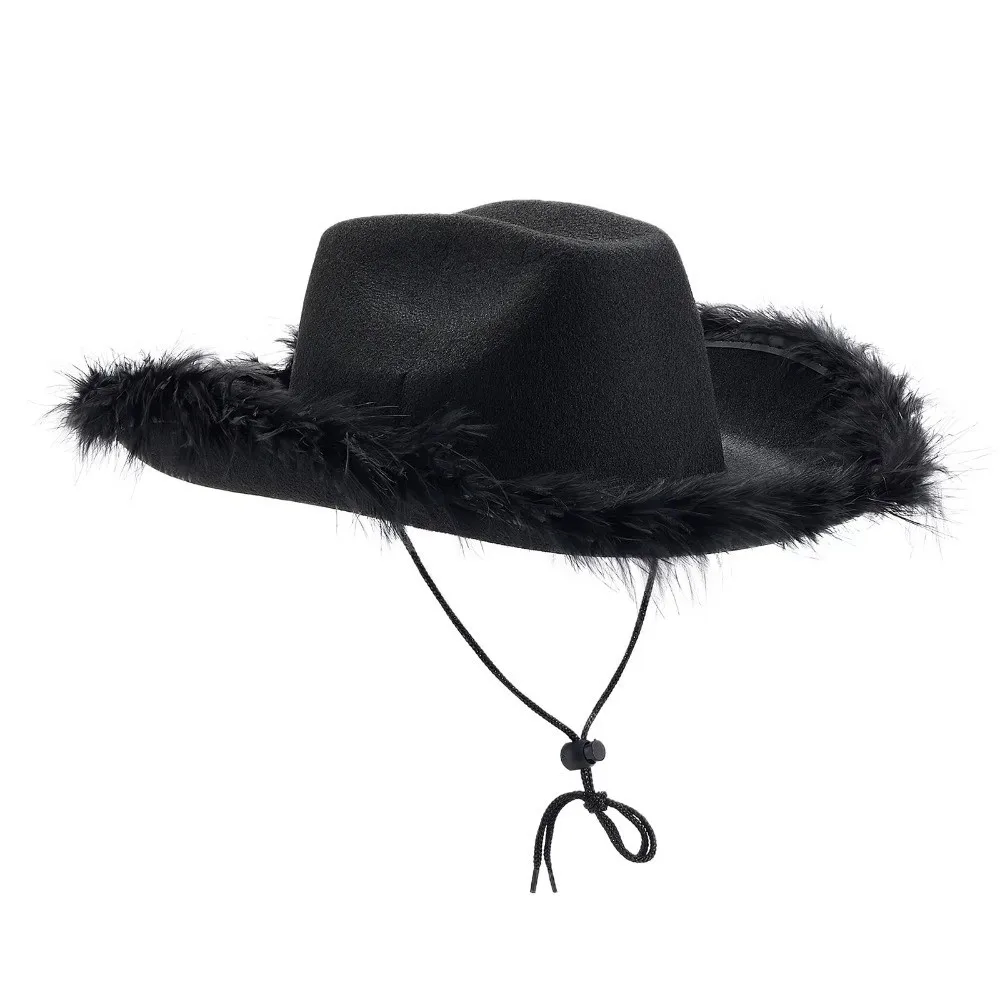 Casual Solid Color Western Cowboy Hat Furry Trim Ethnic Style Cowgirl Hat Cap Sunscreen Top Hat Disco Party 2