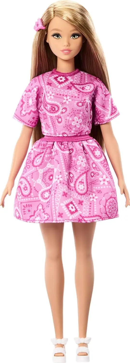Original Barbie Fashionistas Doll Blond Hair Pink Paisley Clothes Shirt Platform Sandal Hair Clip Dress-up Gift Toys Accessories