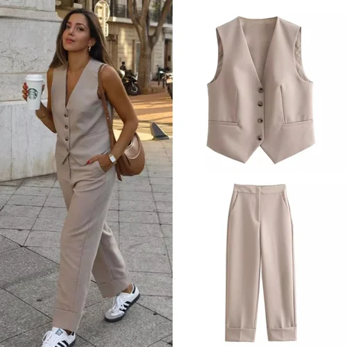 Otoño nuevo traje de mujer conjuntos de pantalones para mujer chaleco de moda + Pantalones conjunto de dos piezas trajes de mujer