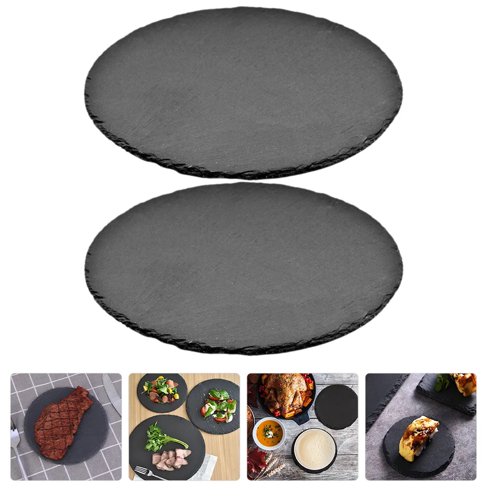 2Pcs Multifunction Tray Slate Dinner Plate Cutlery Food Charcuterie Board Natural Utensil Cafeteria Round Drinks Tea Hot Set