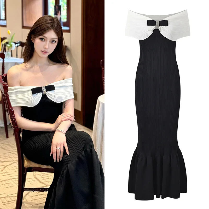 

Ele Вязаное одно плечо платье с фи-хвостом и бантом, черно-белое повседневное женское платье с высокой талией на осеннем сезоне