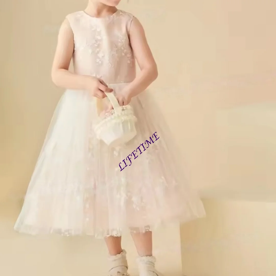 Maßgeschneidertes Blumenmädchenkleid mit Applikationen und Spitze, ärmellos, für Hochzeit, Erstkommunion, Geburtstag, Party, Abschlussball