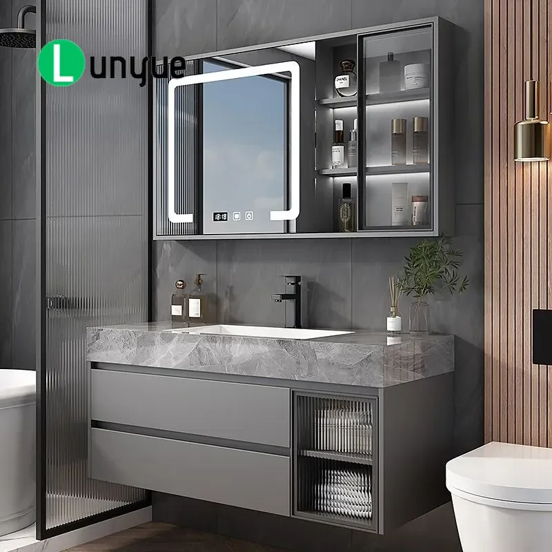 Rock Slab Integrated Basin Bathroom Mirror Cabinet Set Wall Mounted Washbasin Toilet Combo Modern Vanity Unit for Home Hotel