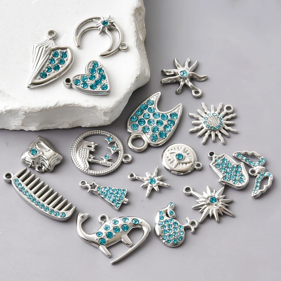 7Pcs Stainless Steel Charms Inlaid Blue Crystal Rhinestone Sun Moon Heart Eye Animal Pendants For DIY Jewelry Making Accessories