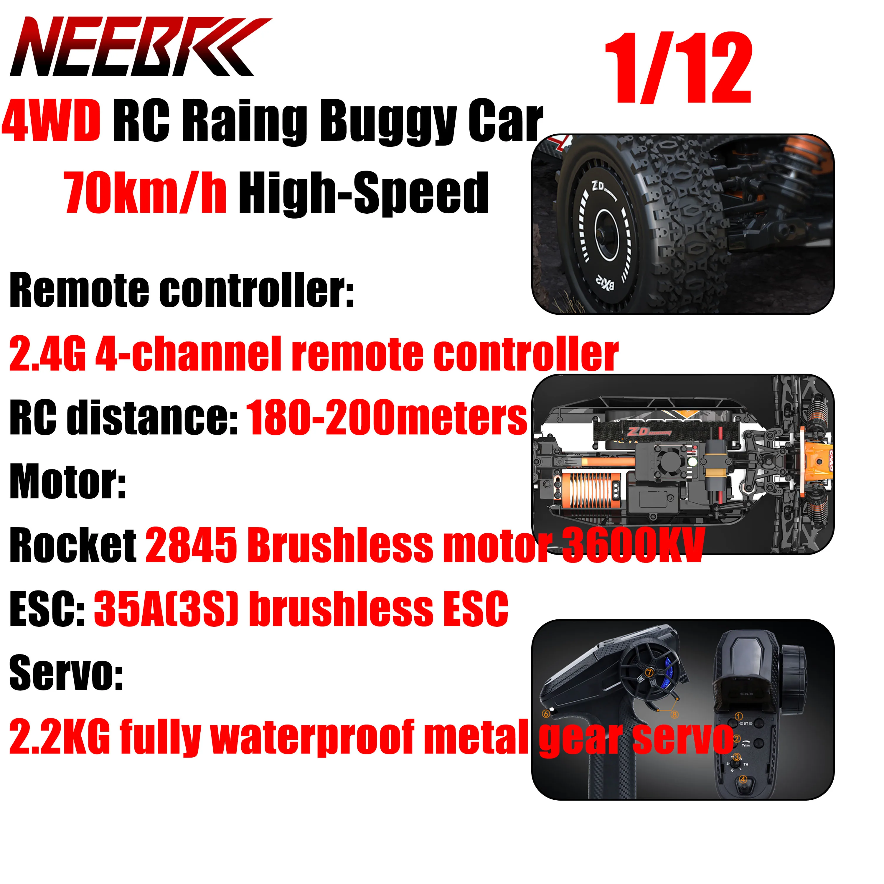 1/12 RC Raing Buggy 4WD Car BX-12 Brushless 70km/h High-Speed 3S Vehicle Off-road Model 2.4G 4CH Remote Control ESC Motor Part