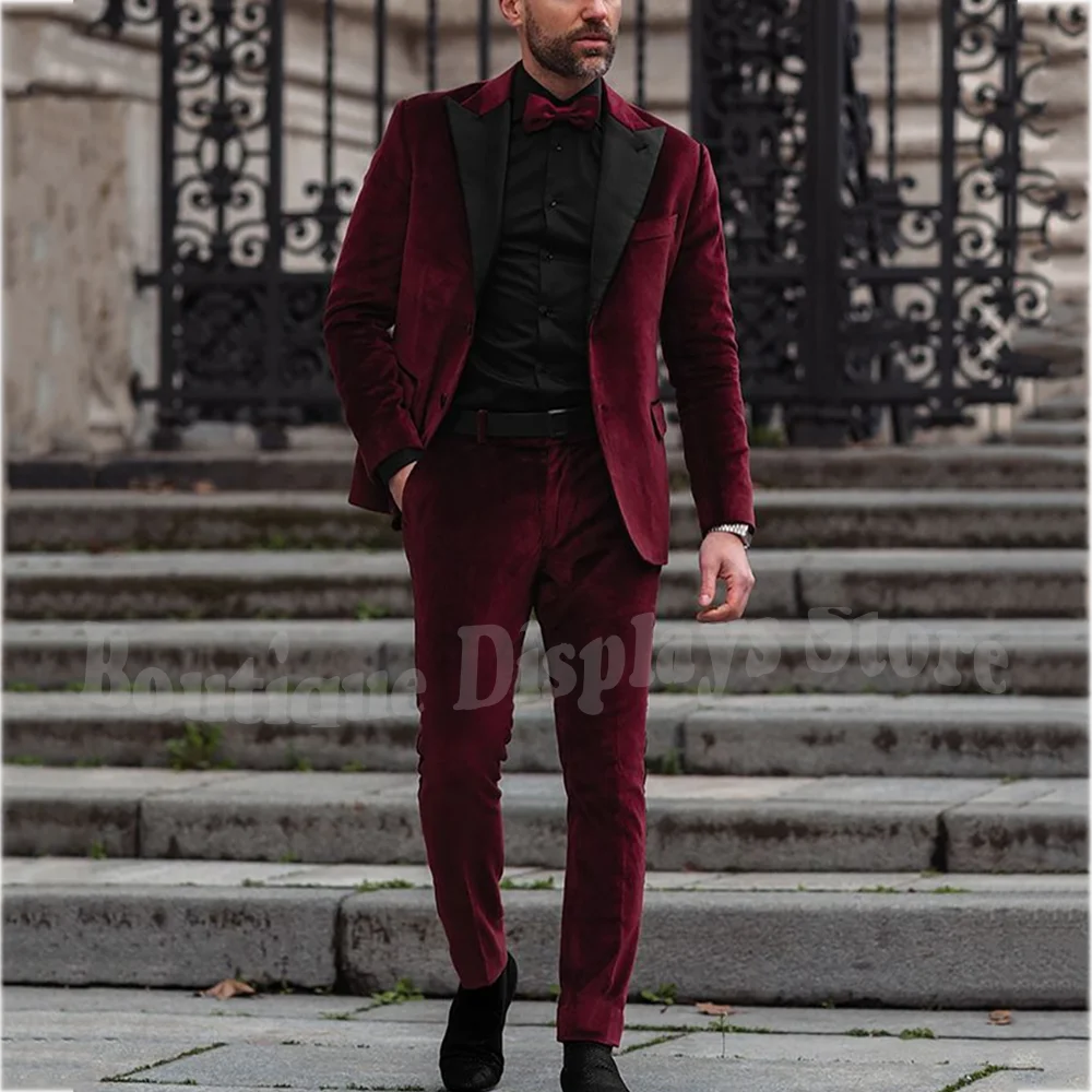

Slim Fit Men Suit Burgundy Velvet Single Breasted Business Formal Outfit Single Breasted Office Work Daily Set Two Pieces