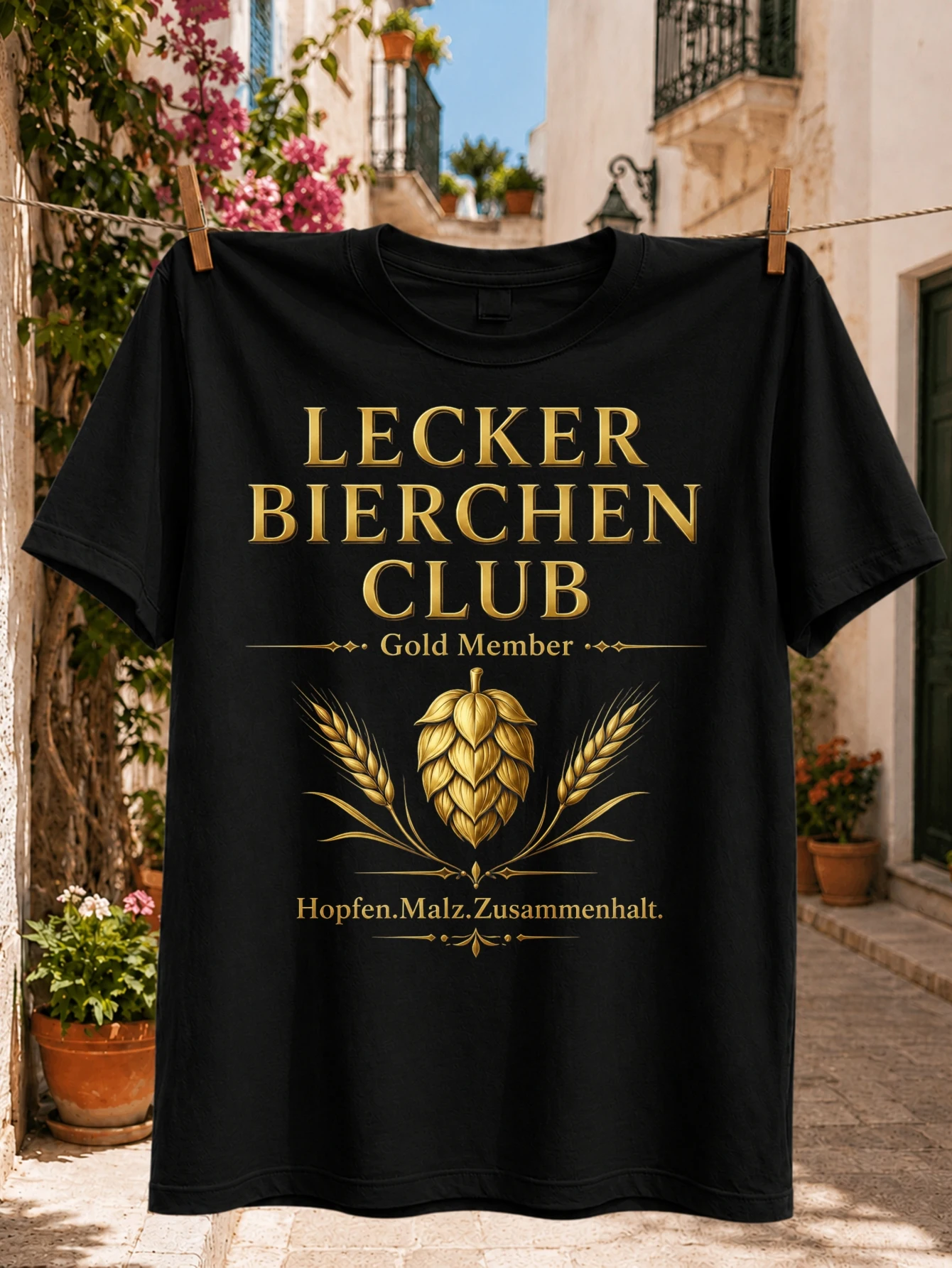 Elegant Graphic with Golden Hop Cone Wheat and Lecker Bierchen Club Gold Member German Front Print  Unisex All T-Shirt