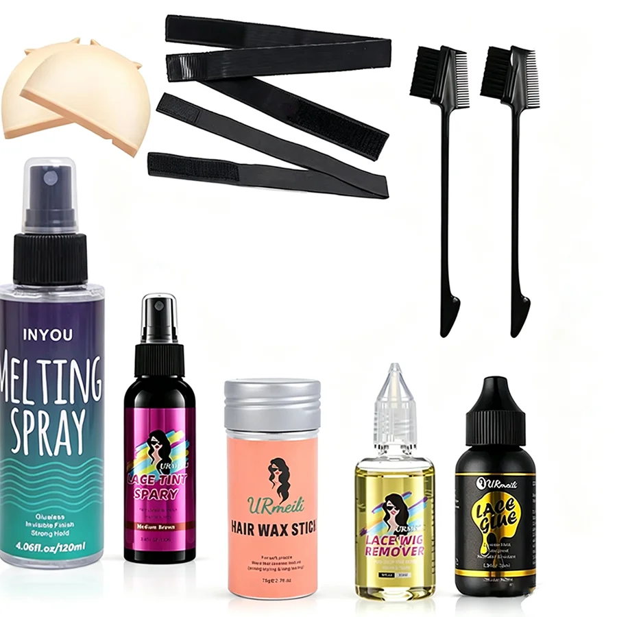 10Pcs Lace Front Wig Install Kit Melting Spray Lace Tint Spray Lace Glue Remover Hair Wax Stick Wig Cap Elastic Band Edge Brush