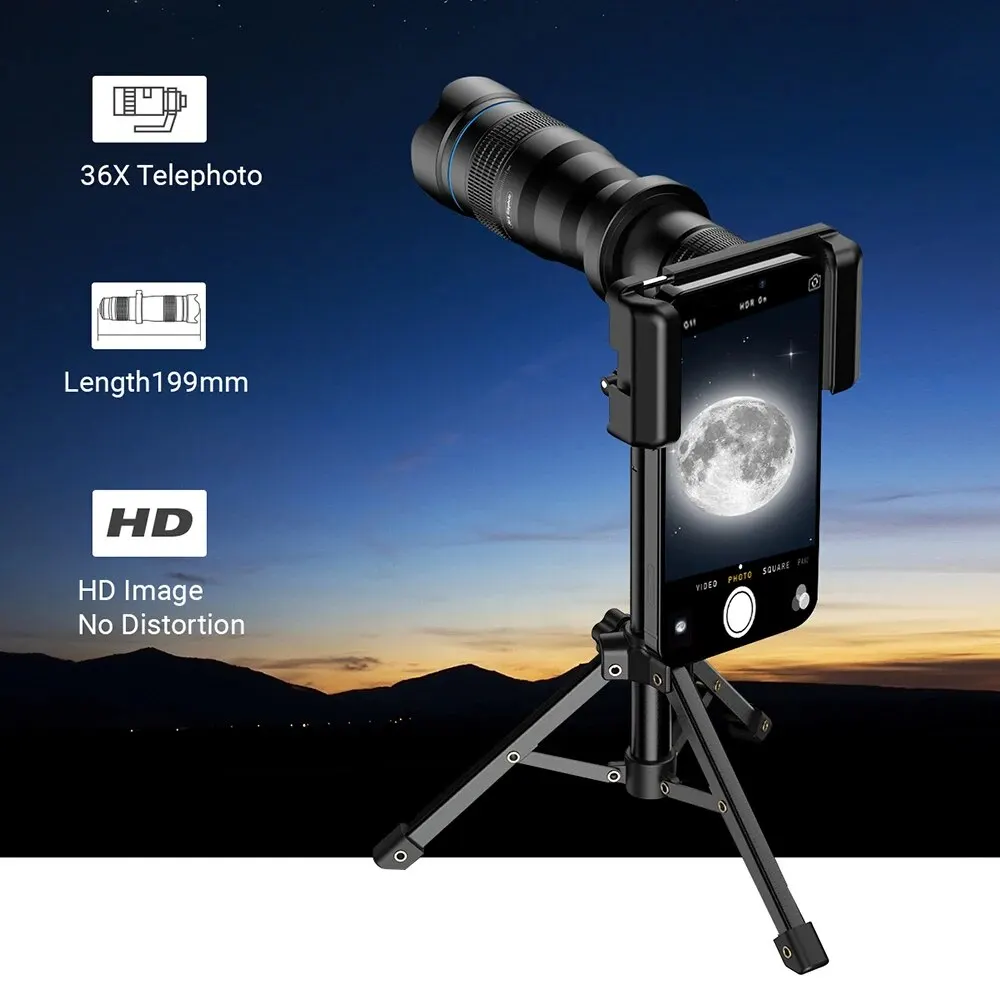 APEXEL New 36X Telephoto Zoom Lens with Metal Tripod Universal Clip Telescope for iPhone Samsung Shooting Birds Watching Concert