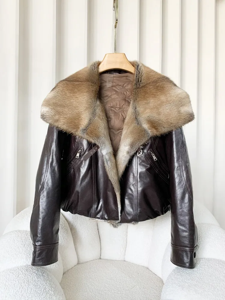Fashion Lady Sheepskin Genuine Leather Jacket Shawl Mink Turndown Fur Collar Winter Down Coat Short Style Keep Warm Long Sleeves
