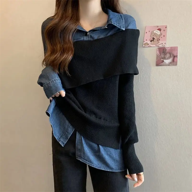 Cowboy Knitted Fashion Set for Women's Spring  Autumn 2023 New Black Vest Sweater Tank Top Cowboy Two Piece Set