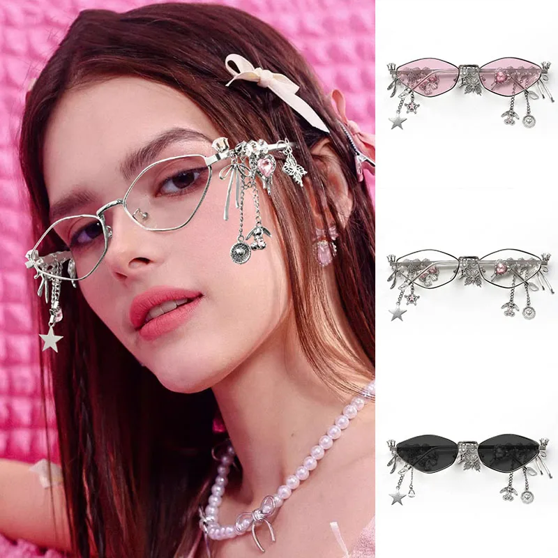 

New Y2K Lolita Eyeglass Sweet Cool Spicy Girl Fashion Star Diamond Small Frame Elliptical Glasses COS Eyewear Cosplay Accessory