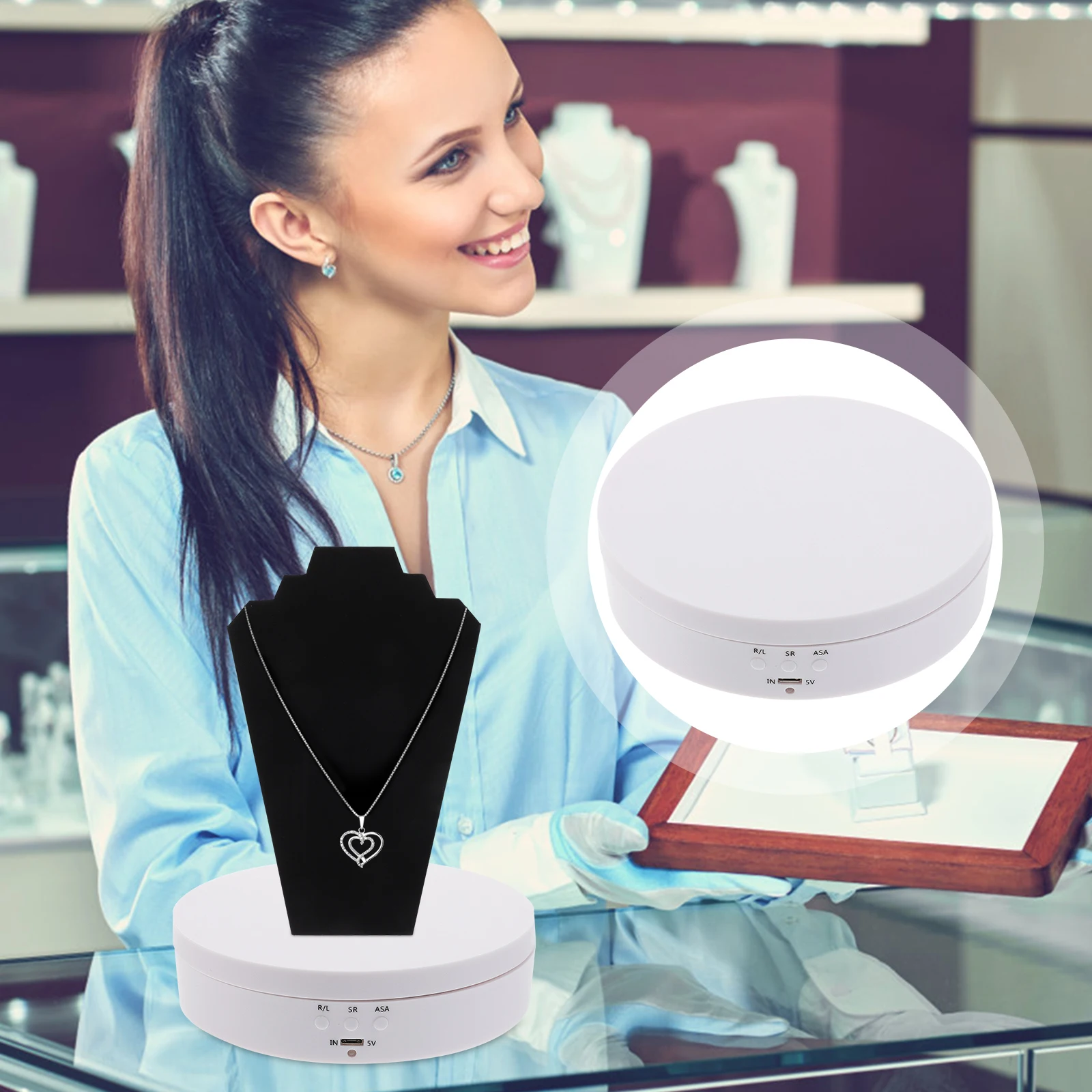 

360 Degree Chargeable Automatic Jewelry Display Rack Small Electric Rotating Stand 3Kg Load Capacity Smooth Turntable