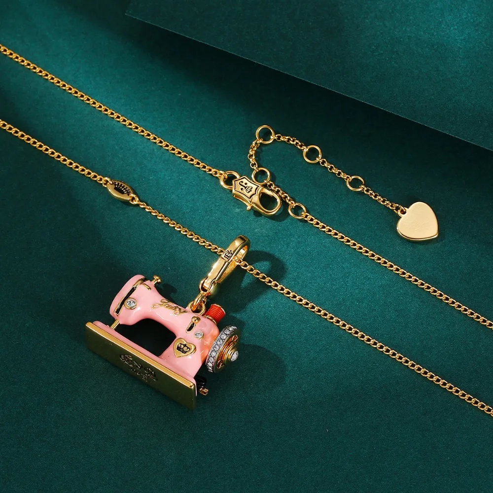 Enamel Pink Sewing Machine Pendant Necklace Love Heart Crown Bowknot Fashion Jewelry For Women Girls Cute Gift - view 2