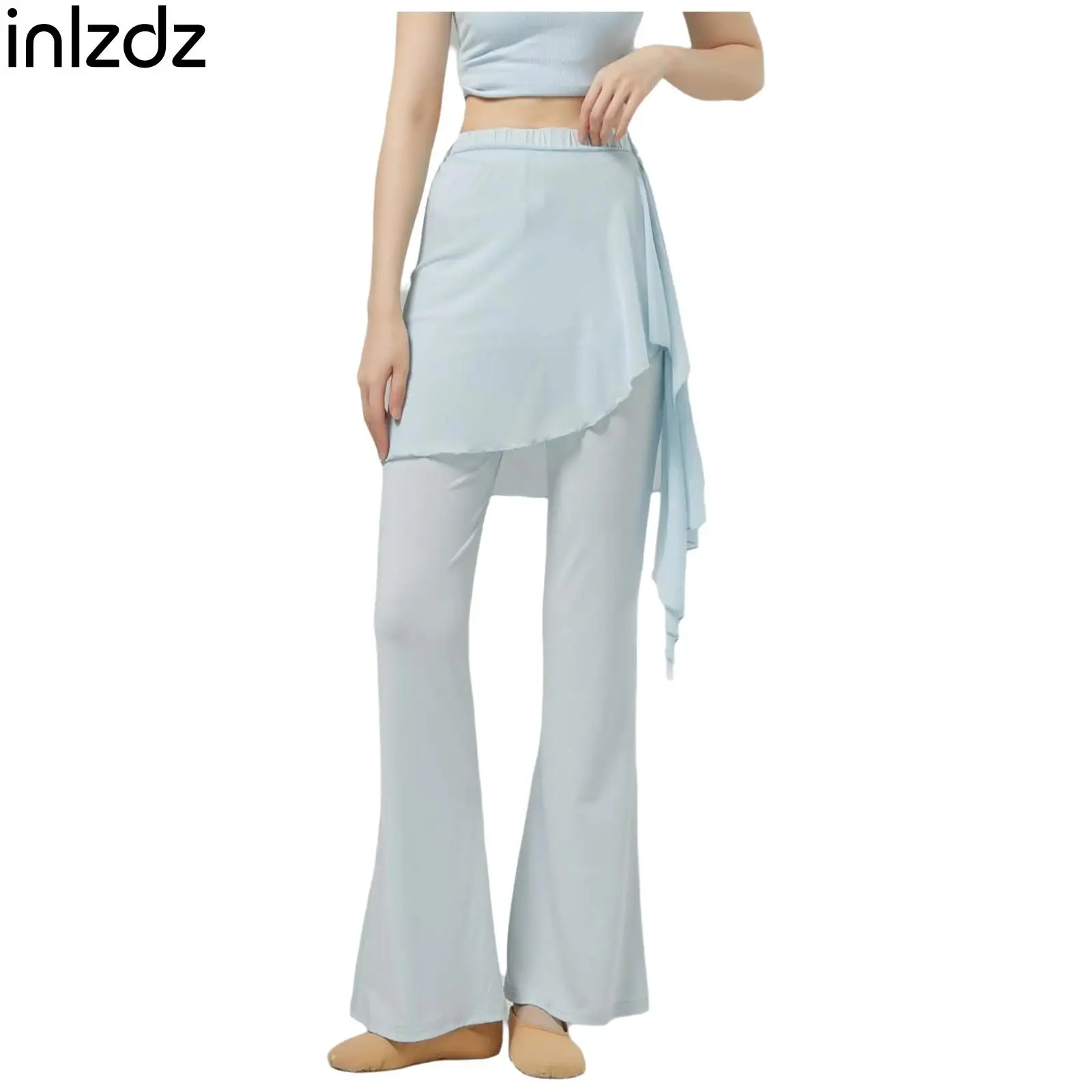 

Womens High Waist Flared Pants Casual Slightly Flared Long Pants with Irregular Overlay Hip Wrap Ballet Lyrical Dance Costume