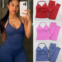 2pcs  gym shockproof yoga set, women's fitness impact leggings and neck halter top yoga Pilates fitness set
