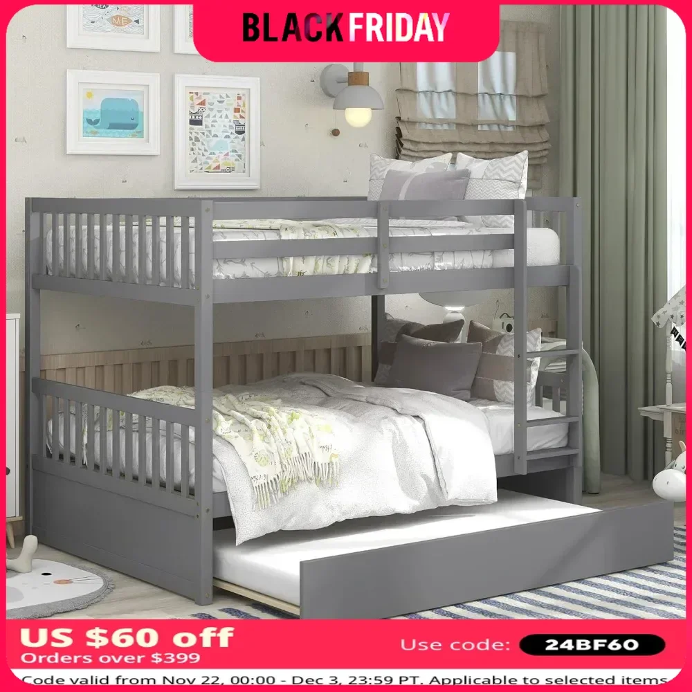 Bunk Bed,Convertible To 2 Full Size Platform Beds, with Twin Size Trundle Beds Frame and Safety Guard Rail, Solid Wood Bunk Beds