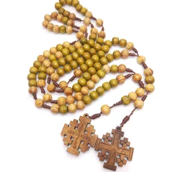 Jesus Cross Pendant Necklace Catholic Rosary Christian Religious Cross Hand Made Wooden Beads Exorcism Necklace Vintage Jewelry