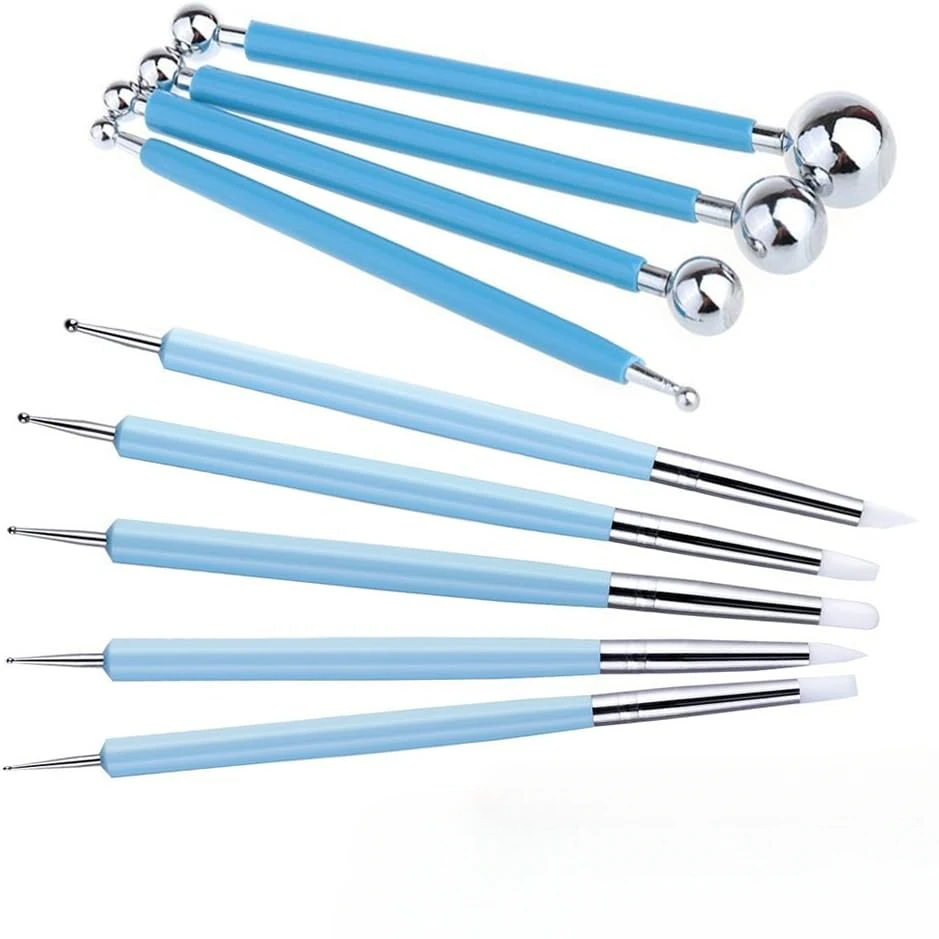 9PCS Sculpting Tools Metal Ceramic Clay Ball Stylus Dotting Tools 2 Way Silicone Polymer Embossing Paper Flower Indentation Tool