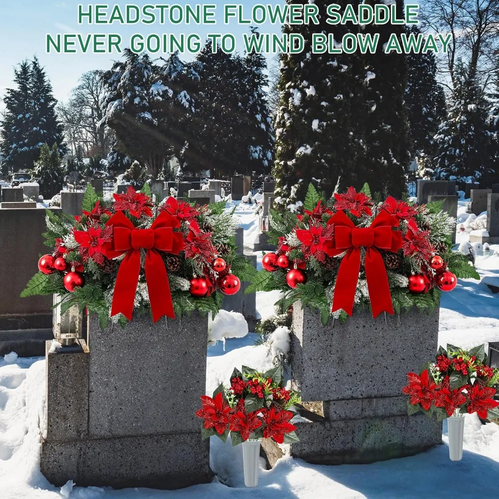 Flores artificiales de cementerio, sillín de flores de Navidad esmeriladas de nieve con cinta, ramos conmemorativos de Poinsettia roja