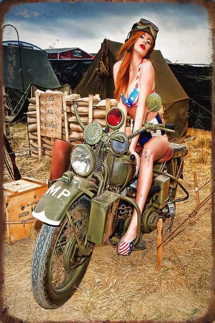Retro Tin Sign Military Theme Metal Signs,Motorcycle  Pinup Girl Vintage Poster for Home Bar Store Cafe Club Farm Garage-alum