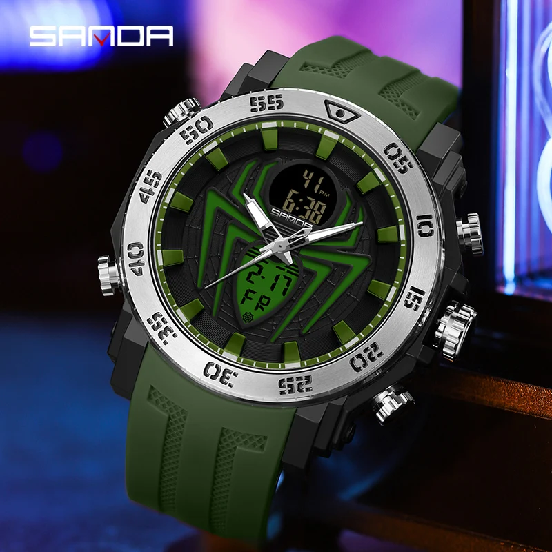 SANDA Men Military Watches Big Spider Dial Sport Watch LED Digital Waterproof Watch Men Multifunction Dual Display Clock Relogio